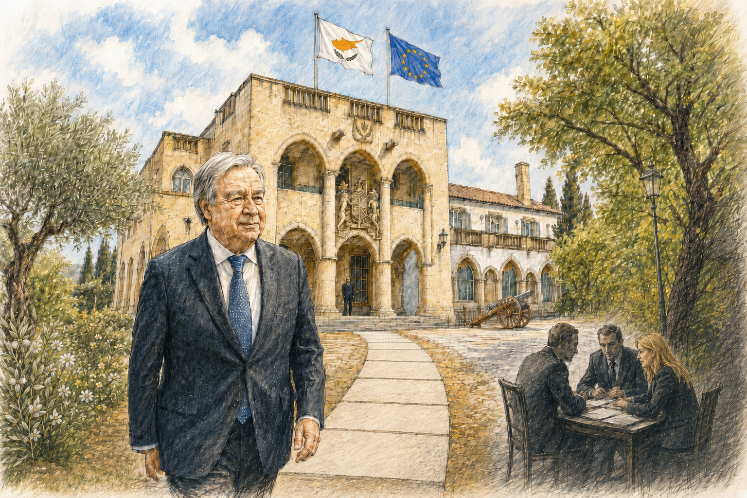Sketch presidential palace and Guterres
