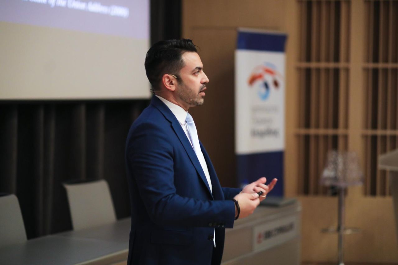 Jake Sotiriadis speaks at the Glafkos Clerides Institute