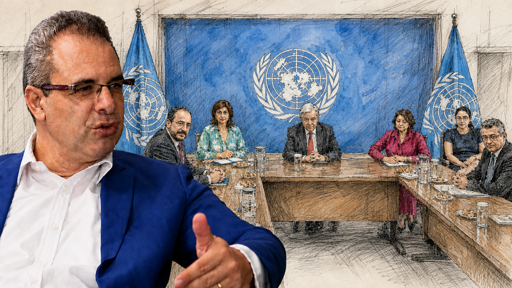 Menenalou speaks with a sketch backround of the Cyprus Talks