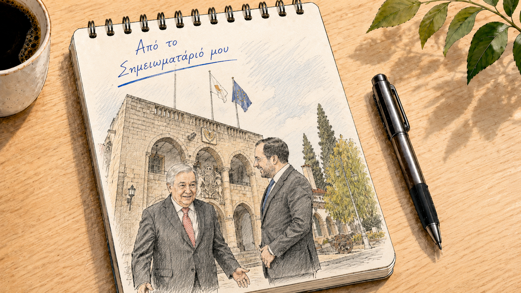 a notebook with a sketch of Guterres and Christodoulides